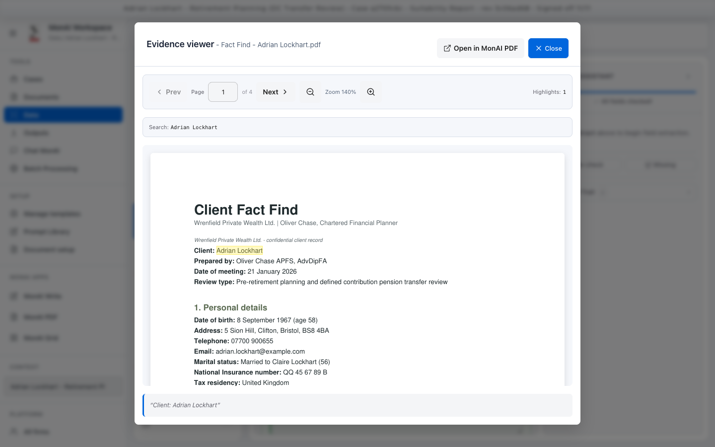 The MonAI Workspace evidence viewer showing the source page with the matched text highlighted
