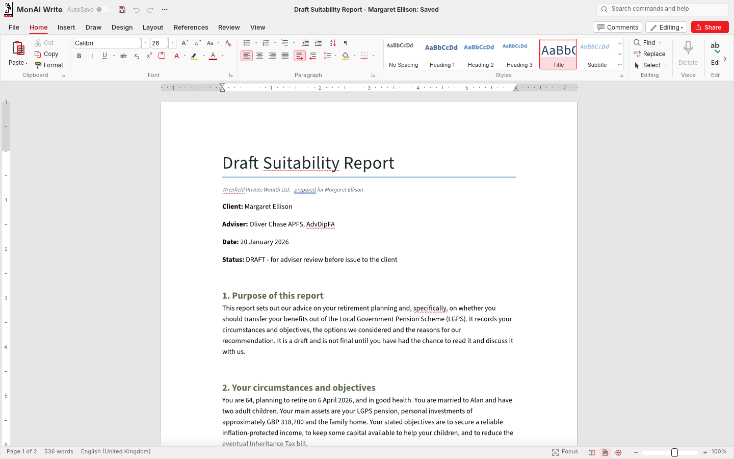 The MonAI Write editor with a draft suitability report on the firm letterhead
