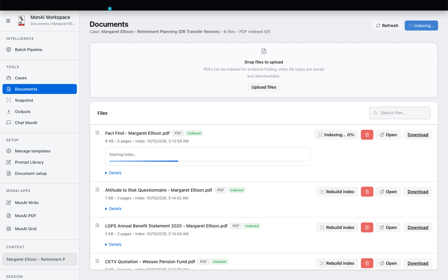 The MonAI Workspace Documents screen reading a batch of case files with page level indexing progress